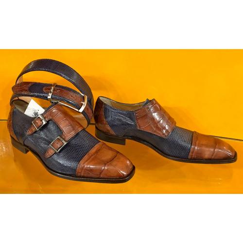 Mauri 4560/1 Cognac / Navy Genuine Crocodile / Iguana With Two Monk Strap Loafer Shoes.
